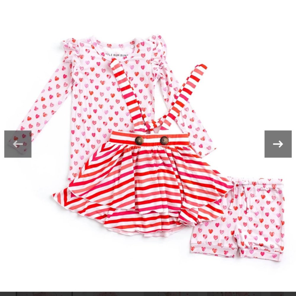 Valentine's Day Bums and Roses 7/8Y Suspender skirt, shirt and shorts